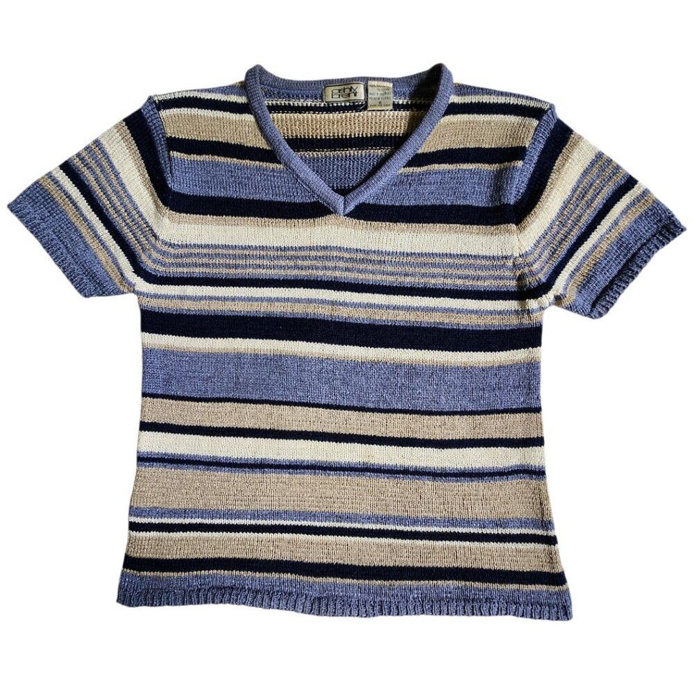 Ashly Brent Blue Beige Striped V Neck Knit Short Sleeve Sweater Top Sz S